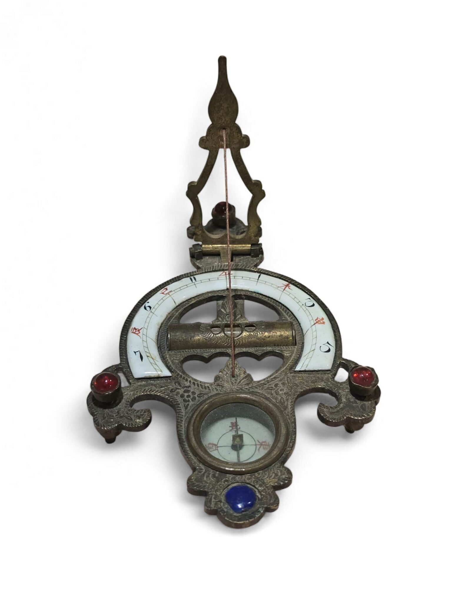 19th Century Chinese Portable Engraved and Enameled Bronze Sundial